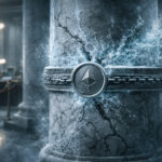 A cracked marble bank pillar bound by chains and an Ethereum emblem bursting free, symbolizing banks losing value as Fidelity’s digital dollar launches on Ethereum with freeze powers