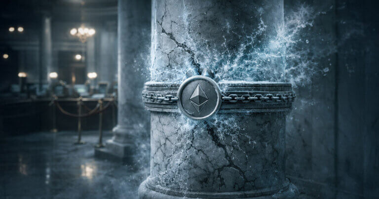 A cracked marble bank pillar bound by chains and an Ethereum emblem bursting free, symbolizing banks losing value as Fidelity’s digital dollar launches on Ethereum with freeze powers