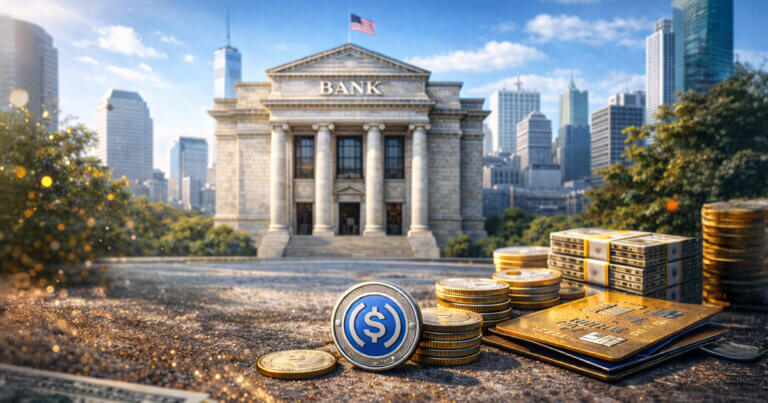 Stacks of stablecoins, cash, and credit cards outside a US bank, illustrating why banks want Congress to end stablecoin rewards and a $360 billion incentive model