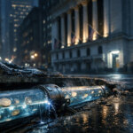 A rain-soaked city street reveals a glowing underground pipe carrying tokenized cash beneath a stock exchange, symbolizing markets bypassing banks to settle trades digitally