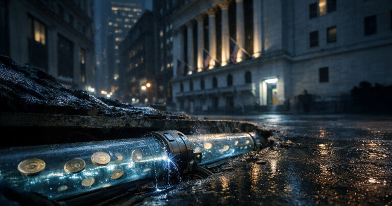 A rain-soaked city street reveals a glowing underground pipe carrying tokenized cash beneath a stock exchange, symbolizing markets bypassing banks to settle trades digitally