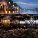 An underground pipeline shows a card network valve corroding beside a crypto dollar conduit beneath a waterfront street, symbolizing Bermuda cutting credit card fees with crypto