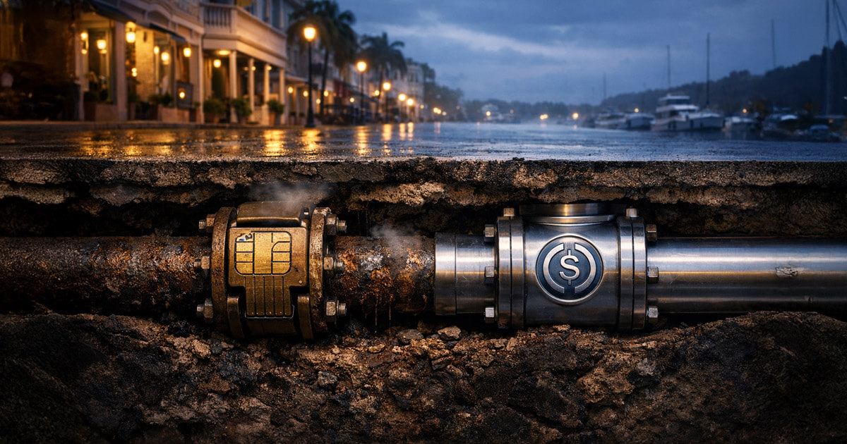An underground pipeline shows a card network valve corroding beside a crypto dollar conduit beneath a waterfront street, symbolizing Bermuda cutting credit card fees with crypto