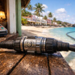 Payment terminal and rugged cable connector linking a seaside shop to the ocean in Bermuda, symbolizing a stablecoin payment pilot that could cut merchant costs if the key connector works