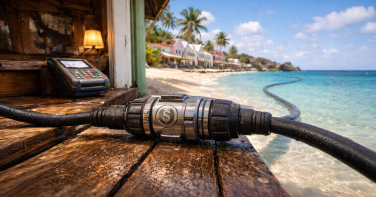 Payment terminal and rugged cable connector linking a seaside shop to the ocean in Bermuda, symbolizing a stablecoin payment pilot that could cut merchant costs if the key connector works