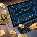 Bitcoin coins floating around a Binance trading screen on a laptop, illustrating how a market maker quietly sold 1,213 BTC during thin New Year’s Eve liquidity.