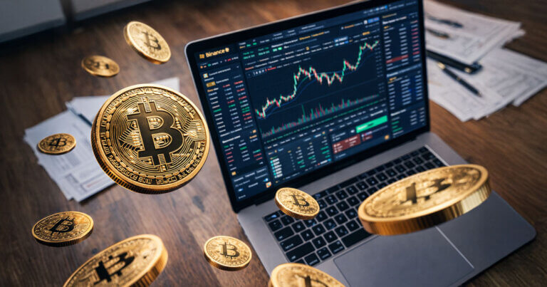 Bitcoin coins floating around a Binance trading screen on a laptop, illustrating how a market maker quietly sold 1,213 BTC during thin New Year’s Eve liquidity.