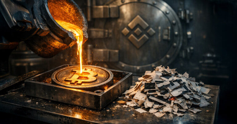 Molten metal is poured into a Bitcoin mold inside a vault as shredded papers sit nearby, symbolizing Binance converting its SAFU fund into Bitcoin amid scrutiny over the fine print