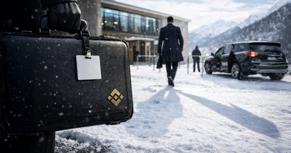 Businessman carrying a briefcase with a crypto exchange emblem arrives in snowy Davos near the WEF venue, evoking Changpeng Zhao’s return after his guilty plea
