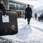 Businessman carrying a briefcase with a crypto exchange emblem arrives in snowy Davos near the WEF venue, evoking Changpeng Zhao’s return after his guilty plea