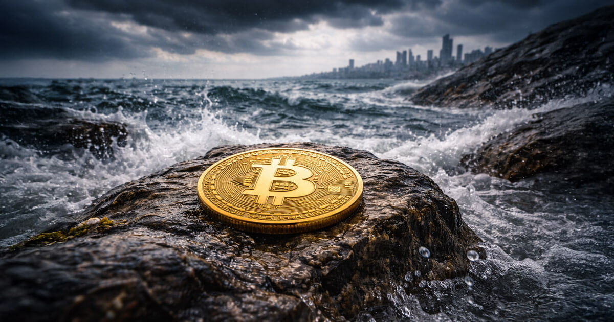 Bitcoin coin resting on a stormy shoreline near a distant city, reflecting retail fear at $90k as institutions quietly accumulate large amounts of BTC in 2026