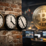 Wall clocks marking shifting timeframes beside a blurred Bitcoin trading desk, illustrating how Bitcoin’s traditional four-year cycle has evolved into a new market rhythm
