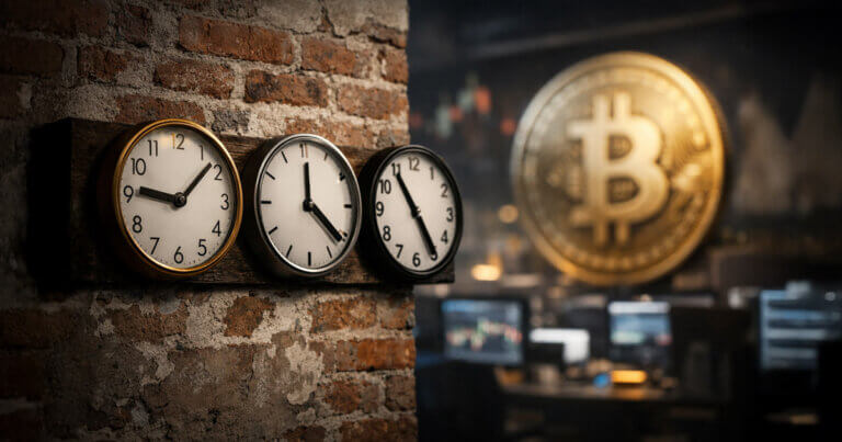 Wall clocks marking shifting timeframes beside a blurred Bitcoin trading desk, illustrating how Bitcoin’s traditional four-year cycle has evolved into a new market rhythm