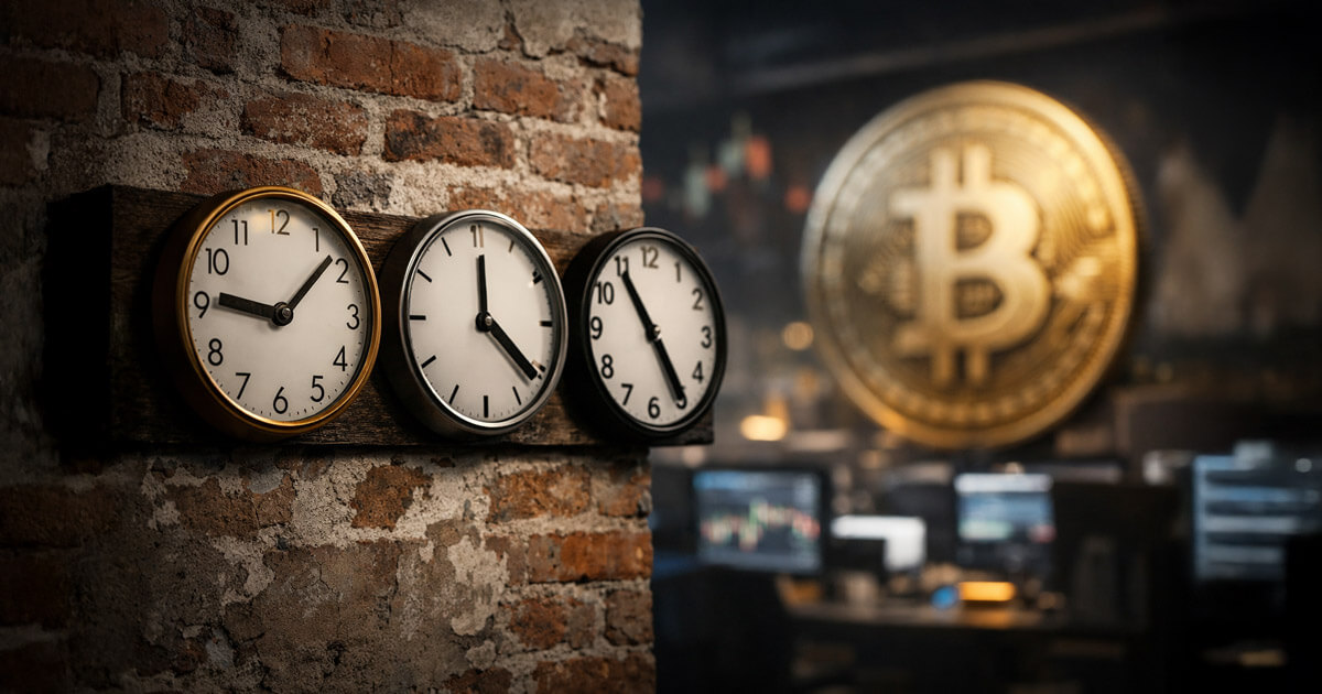 Wall clocks marking shifting timeframes beside a blurred Bitcoin trading desk, illustrating how Bitcoin’s traditional four-year cycle has evolved into a new market rhythm
