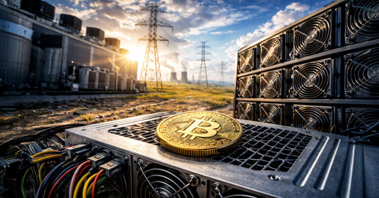 Bitcoin mining rigs set against power lines and an industrial energy complex at sunrise, illustrating BlackRock’s warning that rising AI data-center demand may squeeze miners’ electricity access.