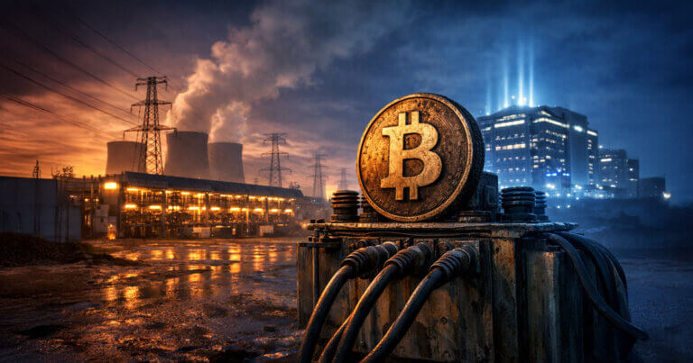 Bitcoin mining equipment sits beside power plants and transmission lines at dusk, illustrating how rising AI demand could drive up electricity costs for miners by 2026