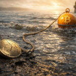 Cracked altcoin stranded on a shoreline while a buoyed Bitcoin floats offshore, illustrating why weaker tokens may lag even if Bitcoin rebounds
