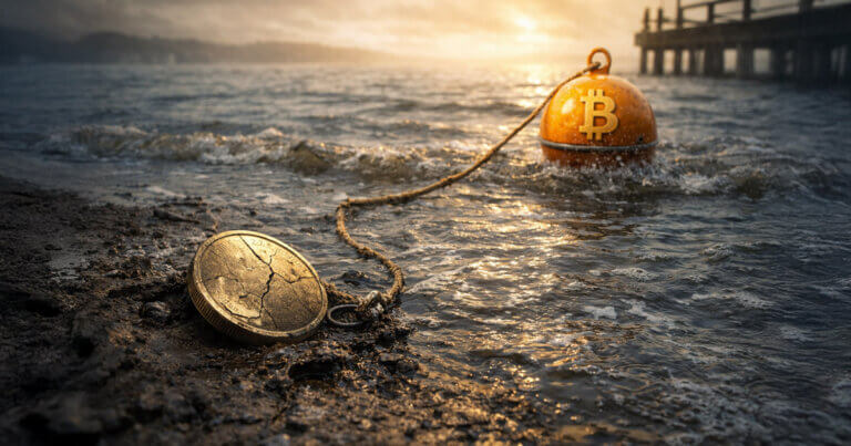 Cracked altcoin stranded on a shoreline while a buoyed Bitcoin floats offshore, illustrating why weaker tokens may lag even if Bitcoin rebounds