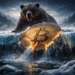 A looming bear cracks through an icy river as a fractured Bitcoin coin slips lower, illustrating mounting red flags and bearish pressure pointing toward a possible drop to $49k