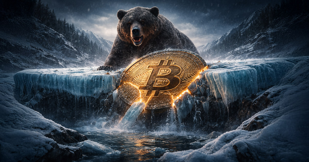 A looming bear cracks through an icy river as a fractured Bitcoin coin slips lower, illustrating mounting red flags and bearish pressure pointing toward a possible drop to $49k