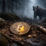Bitcoin coin on a dark forest trail with a looming bear and flashlight glow, illustrating institutional bear market fears while signaling why many still view Bitcoin as undervalued