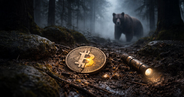 Bitcoin coin on a dark forest trail with a looming bear and flashlight glow, illustrating institutional bear market fears while signaling why many still view Bitcoin as undervalued