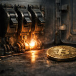 A Bitcoin coin rests beside sparking circuit breakers, symbolizing a strong long-term bull case threatened by short-term conflicting signals that could trigger sharp market swings