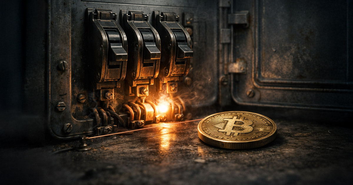 A Bitcoin coin rests beside sparking circuit breakers, symbolizing a strong long-term bull case threatened by short-term conflicting signals that could trigger sharp market swings