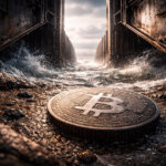 Bitcoin coin resting between industrial barriers as water rushes through, symbolizing dollar reassessment risk as oil fears fade and macro forces shift beyond inflation