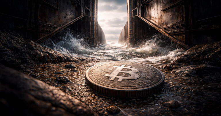 Bitcoin coin resting between industrial barriers as water rushes through, symbolizing dollar reassessment risk as oil fears fade and macro forces shift beyond inflation