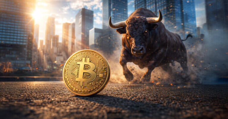 A powerful bull charges through a cityscape toward a glowing Bitcoin coin, symbolizing rising market momentum and why Bitcoin’s price may be primed for a major bull run.