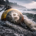 Bitcoin buoy chained and battered by rough waves, symbolizing stalled price momentum as a $1.3B outflow streak drains early January gains and halts the $125K push