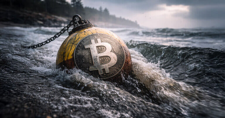 Bitcoin buoy chained and battered by rough waves, symbolizing stalled price momentum as a $1.3B outflow streak drains early January gains and halts the $125K push