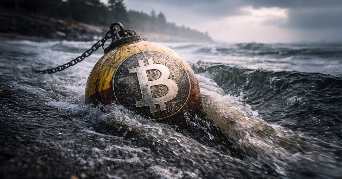 Bitcoin buoy chained and battered by rough waves, symbolizing stalled price momentum as a $1.3B outflow streak drains early January gains and halts the $125K push