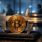 A Bitcoin coin measured with precision calipers on a boardroom table, symbolizing wide 2026 price forecasts as institutional investors reshape crypto market dynamics