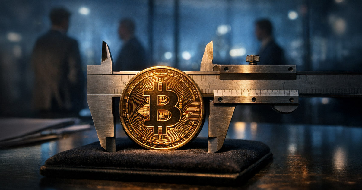 A Bitcoin coin measured with precision calipers on a boardroom table, symbolizing wide 2026 price forecasts as institutional investors reshape crypto market dynamics