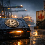A rugged Bitcoin case glowing on a rain-soaked port as Canada-marked containers loom behind, symbolizing Bitcoin as a lifeboat amid global order doubts