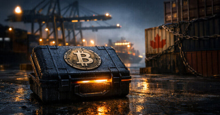 A rugged Bitcoin case glowing on a rain-soaked port as Canada-marked containers loom behind, symbolizing Bitcoin as a lifeboat amid global order doubts