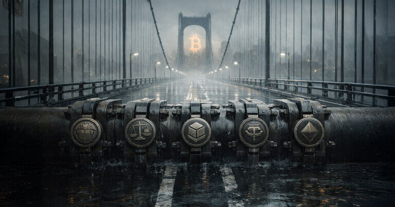 Rain-soaked suspension bridge blocked by five heavy chokepoint valves with regulatory symbols, framing Bitcoin’s path as traders face structural risks shaping its 2026 price