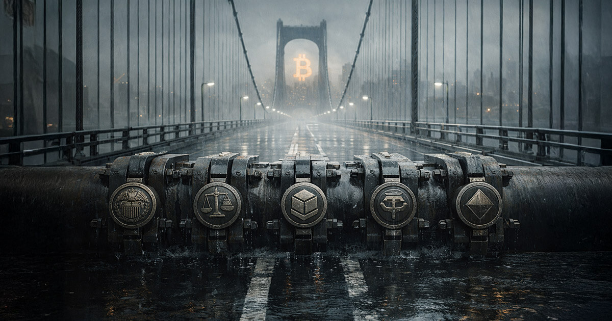 Rain-soaked suspension bridge blocked by five heavy chokepoint valves with regulatory symbols, framing Bitcoin’s path as traders face structural risks shaping its 2026 price