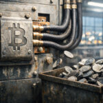 An industrial machine stamped with a Bitcoin symbol crushes piles of failed coins, illustrating how most launches collapse despite claims anyone can create a token