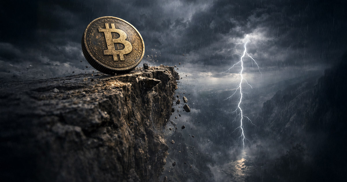 Bitcoin coin teetering on a cliff under storm clouds and lightning, symbolizing Fed meeting risk on Jan. 28 and timing windows that could punish late traders