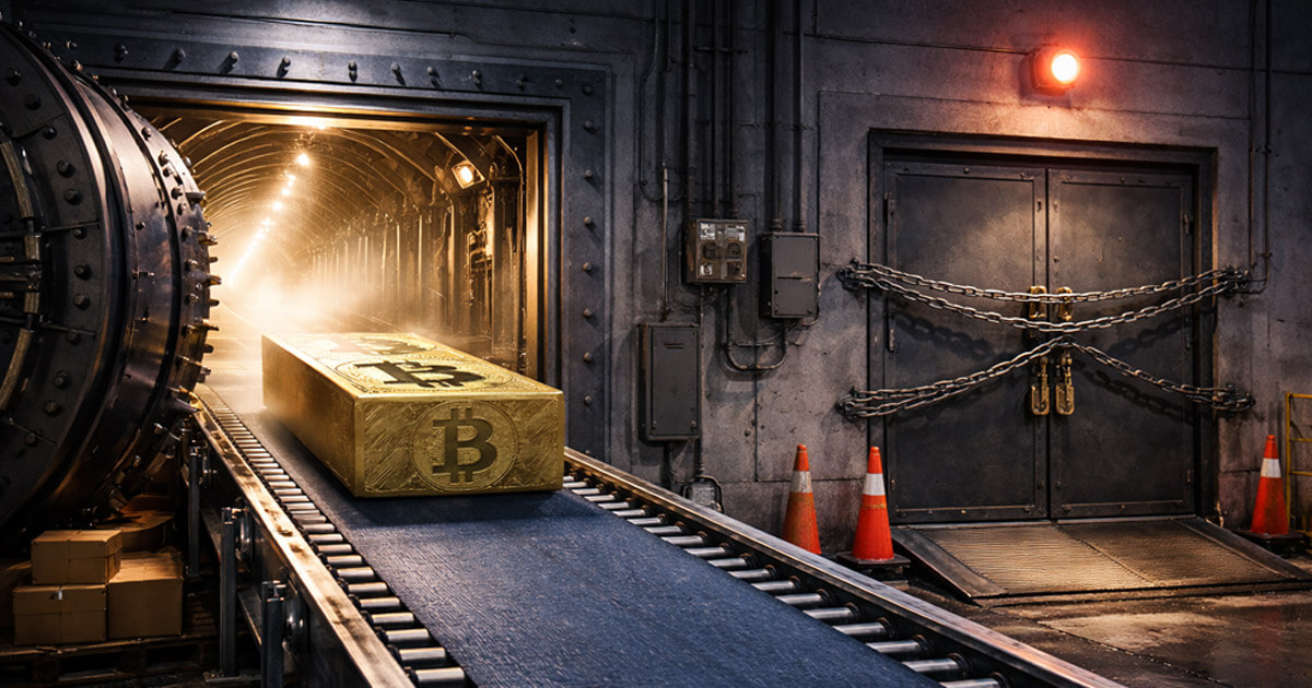Gold Bitcoin bar moving along an industrial conveyor into a vault, symbolizing massive ETF inflows as markets watch whether momentum can push BTC past $100K or trigger a pullback