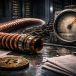 Copper coil and Fed-rate gauge sit beside a Bitcoin coin on a desk, capturing surging copper prices, AI-driven demand, and rate uncertainty pressuring crypto