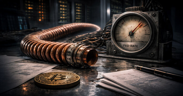 Copper coil and Fed-rate gauge sit beside a Bitcoin coin on a desk, capturing surging copper prices, AI-driven demand, and rate uncertainty pressuring crypto