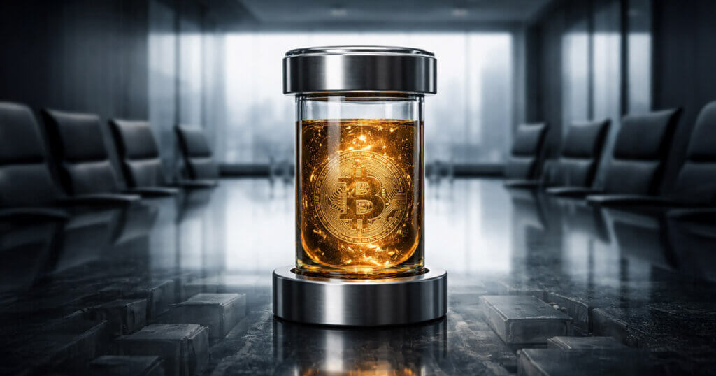 Bitcoin preserved in a glass chamber inside a corporate boardroom, symbolizing ETF-era allocation debates as Coinbase’s 5% Bitcoin minimum meets Wall Street risk limits