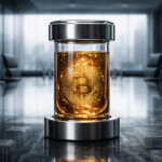 Bitcoin preserved in a glass chamber inside a corporate boardroom, symbolizing ETF-era allocation debates as Coinbase’s 5% Bitcoin minimum meets Wall Street risk limits