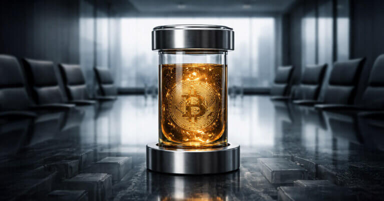 Bitcoin preserved in a glass chamber inside a corporate boardroom, symbolizing ETF-era allocation debates as Coinbase’s 5% Bitcoin minimum meets Wall Street risk limits