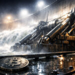 Bitcoin coin rests before a roaring dam with heavy machinery holding back water, symbolizing surging Bitcoin demand as dealers mechanically suppress price before a breakout level