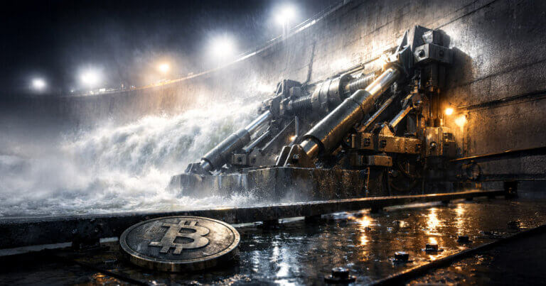 Bitcoin coin rests before a roaring dam with heavy machinery holding back water, symbolizing surging Bitcoin demand as dealers mechanically suppress price before a breakout level